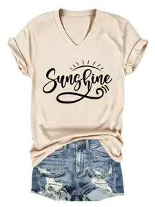 T-shirt décontracté à col en V et manches courtes avec impression de lettres Sunshine.