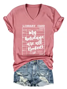 Casual V-hals korte mouw T-shirt voor dames met schattige bibliotheekkaart grafische print