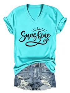 T-shirt femme casual manches courtes col V motif Sunshine tendance été top haut mode