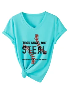 Γυναικείο casual T-shirt με V-λαιμόκοψη και κοντό μανίκι με γραφικό μπέιζμπολ.
