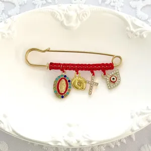 Red Woven Rhinestone Brooch Retro Alloy Pin Evil Eye Cross Pendant Fashion Accessory