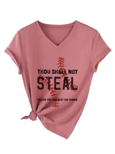Όμορφο Γυναικείο T-Shirt με V-λαιμόκοψη και Κοντό Μανίκι με Στάμπα Μπέιζμπολ Casual Top