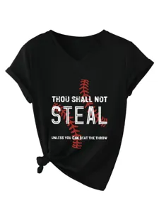 Γυναικείο T-Shirt V-Neck Κονtoμάνικο Casual Κόμπος Μπροστά Baseball Slogan Top
