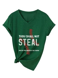 Γυναικείο πράσινο V-neck κοντομάνικο T-shirt με σχέδιο μπεϊζόλ casual κορυφαίο τοπ