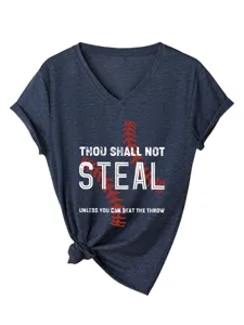Γυναικείο casual T-shirt V-neck κονtoμανικο με σχέδιο baseball και αστείο σλόγκαν κορυφαίο τοπ