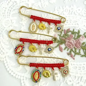 Red braided rhinestone brooch retro alloy safety pin evil eye cross charms accessories