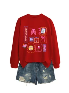 Cute radiology x-ray graphic red long sleeve sweatshirt paired with denim shorts for women.