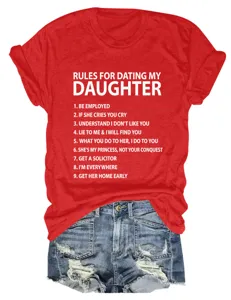 Lockeres rotes Damen T-Shirt mit kurzen Ärmeln und witzigem Dating-Regeln Buchstaben-Print.
