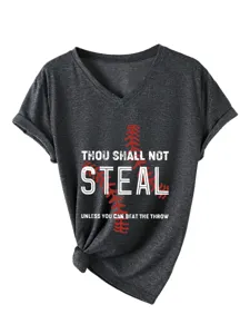 Γυναικείο σκούρο γκρι T-shirt με V λαιμόκοψη και τύπωμα μπέιζμπολ για casual στυλ.