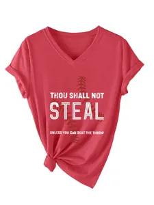 Λεπτομερής όψη γυναικείο casual T-shirt V-λαιμόκοψη κοντό μανίκι με τύπωμα και κόμπο.