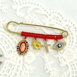 Red string woven rhinestone brooch vintage alloy pin evil eye cross charm apparel accessory