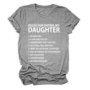 Lässiges graues Kurzarm-T-Shirt für Damen mit lustigem Dating-Regeln-Grafikdruck.