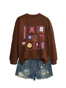 Women casual brown long sleeve sweatshirt with radiology print matching denim shorts outfit autumn.