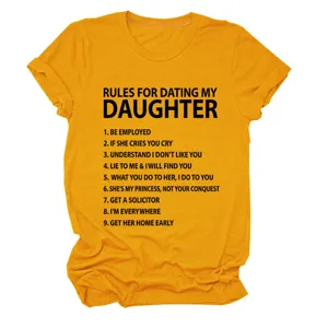 Damen Freizeit Kurzarm Rundhals T-Shirt in Gelb mit lustigen Dating Regeln bedruckt.