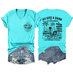 Maglietta grafica casual da donna con scollo a V e maniche corte con stampa da spiaggia.