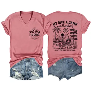 Maglietta grafica casual da donna a maniche corte con collo a V e pantaloncini in denim.