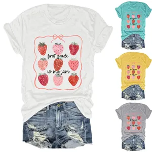 Femme mignon fraise graphique manches courtes t-shirt décontracté été ample haut vêtements
