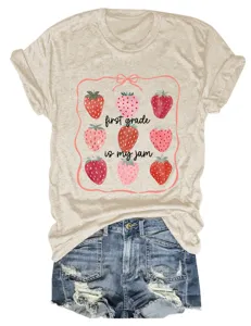 Femme premier jour fraise imprimé t-shirt manche courte casual haut mignon été