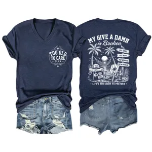 Maglietta casual da donna blu navy con scollo a V e stampa grafica estiva alla moda.