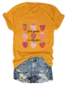 T-shirt femme manches courtes motif fraise imprimé premier jour d'école haut casual