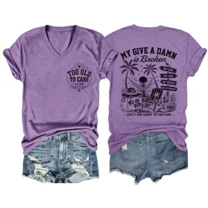 Maglietta da donna casual con scollo a V e maniche corte con stampa grafica estiva.