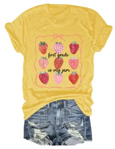 T-shirt à manches courtes pour femmes avec imprimé fraise mignon et graphique de lettres.