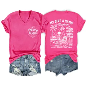 Maglietta da donna con scollo a V a maniche corte estiva spiaggia stampa slogan top jeans