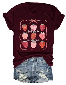 Femme premier grade impression fraise manches courtes t-shirt décontracté avec short jean