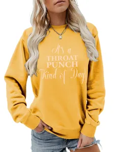 Felpa girocollo gialla casual con stampa grafica frontale per abbigliamento femminile.