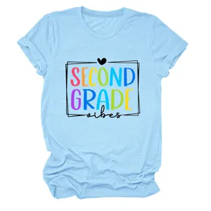 Maglietta da donna a maniche corte casual con stampa grafica second grade vibes azzurra