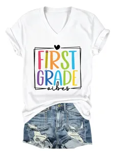 T-shirt blanc à manches courtes et col en V pour femme haut graphique décontracté