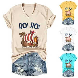Women V-Neck Short Sleeve T-Shirt with Viking Ship Graphic and Denim Shorts Set Details