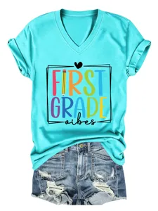 Femme Col V Manches Courtes T-Shirt First Grade Vibes Casual Retour à l'Ecole Top