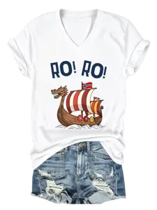 Women white V-neck short sleeve t-shirt with Viking ship graphic print casual top.