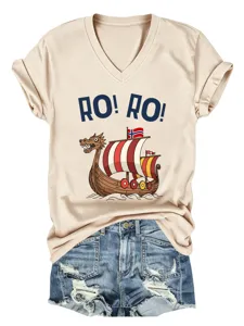 Casual women's short-sleeve V-neck t-shirt featuring Viking ship graphic and letter print.