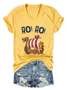 Women's Viking Ship Print V-Neck Short Sleeve Casual T-Shirt Yellow Summer Top Outfit