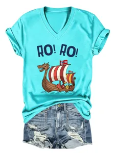 Women casual V-neck short sleeve T-shirt with cool Viking ship graphic print design.