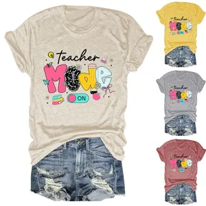 Casual womens round neck short sleeve tshirt with teacher graphic print for daily wear.