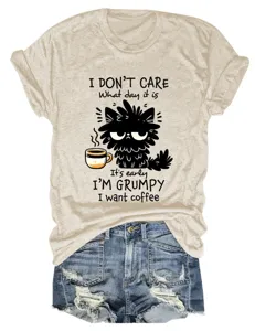 Funny grumpy cat coffee print short sleeve crewneck casual women graphic tee shirt top.