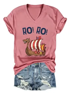 Casual women's V-neck short sleeve t-shirt with cute Viking ship graphic print design.