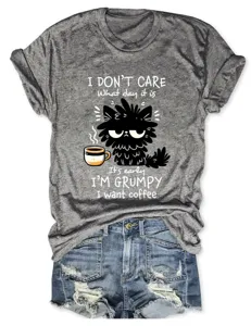 Casual funny women's grey crewneck short sleeve t-shirt with cute grumpy cat graphic.