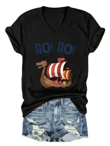 Casual fashion women's RO RO sailboat graphic V-neck short sleeve black t-shirt for daily wear.