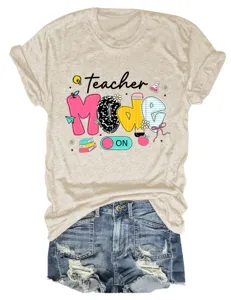 Casual teacher mode graphic short sleeve crewneck t-shirt paired with stylish denim shorts.