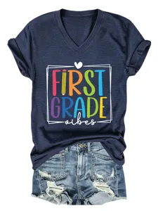 Femme First Grade Vibes T-Shirt Col V Manches Courtes Décontracté Enseignants Haut