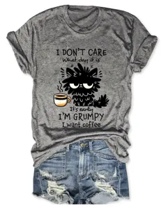 Casual funny grumpy cat coffee print short sleeve round neck grey t-shirt detail view.