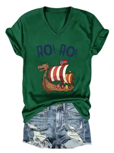 Women's casual green V-neck short sleeve T-shirt with vintage Viking ship graphic print daily wear.