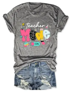 Casual women short sleeve t-shirt featuring teacher mode print paired with denim shorts.