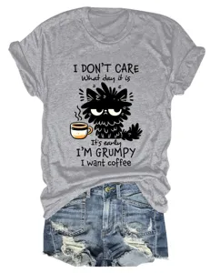 Casual funny women's round neck short sleeve T-shirt with cute grumpy cat coffee graphic