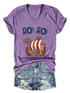 Women Viking Ship Graphic V-Neck Short Sleeve Purple T-Shirt Casual Tee Detail View