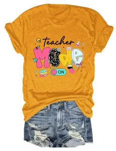 Women's casual short sleeve crewneck t-shirt with cute teacher mode graphic print top.